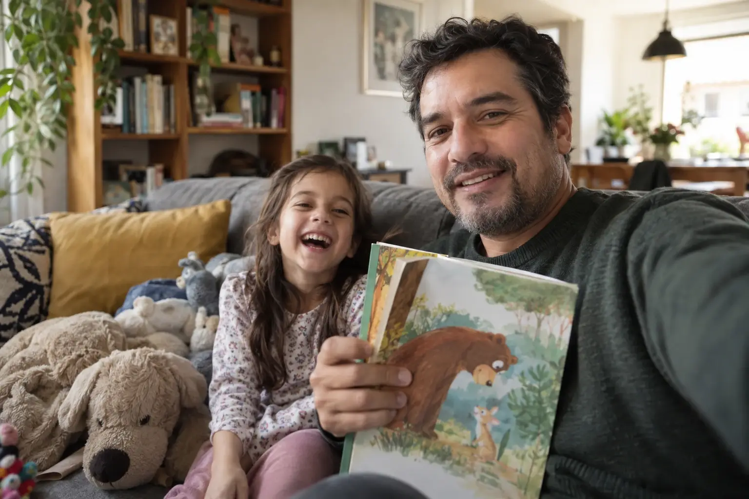 Un papá graba con su celular la recomendación de un libro infantil mientras su hija se ríe a su lado en el sofá