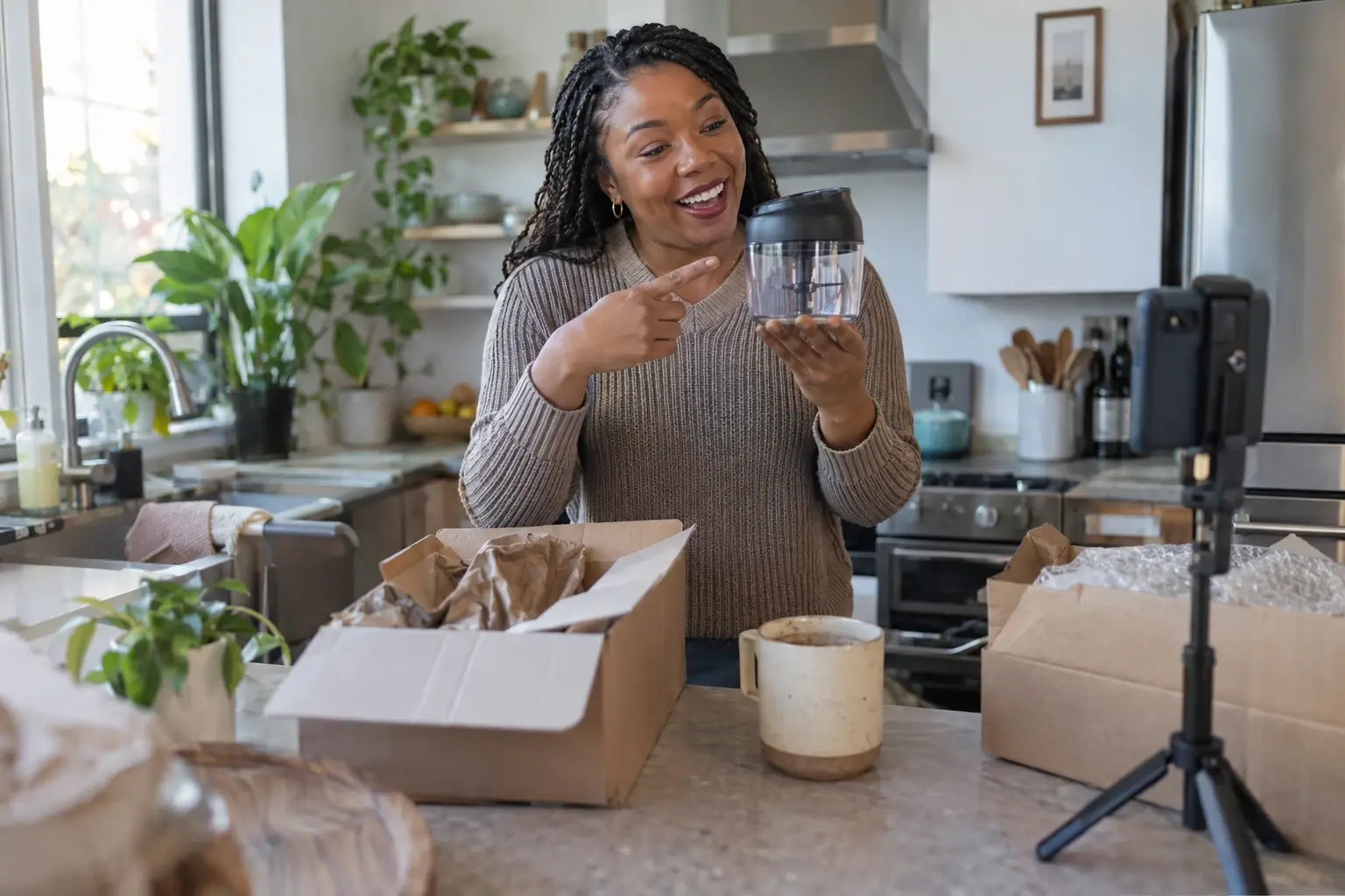 Una creadora de contenido graba en su cocina un video mostrando un utensilio a su celular sobre un trípode, con cajas de pedidos abiertas en la mesada