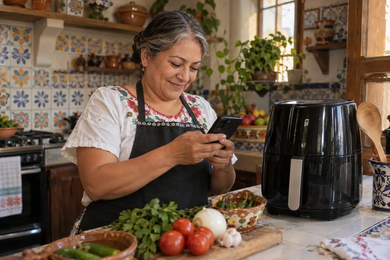 Una creadora de recetas mexicana lee los comentarios en su celular junto a una freidora de aire en su cocina
