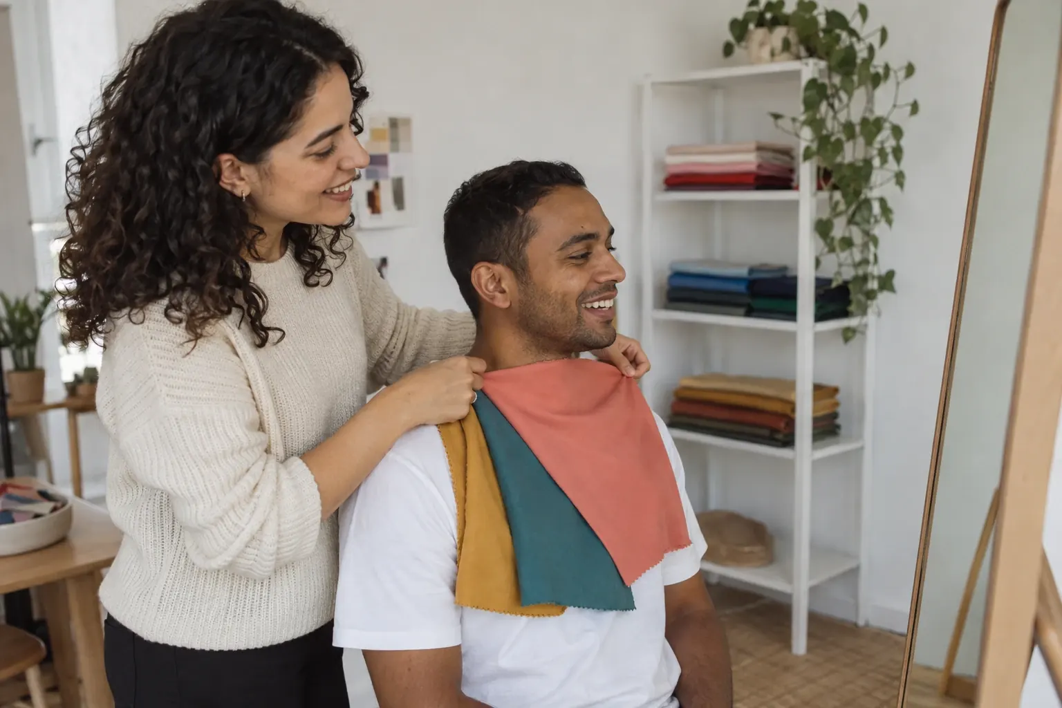 Una asesora de color de unos veintiocho años, con el pelo oscuro rizado y suéter de punto crema, sostiene telas color coral, verde azulado y mostaza bajo la barbilla de su cliente, un hombre de piel morena con camiseta blanca, y los dos sonríen frente a un espejo grande en un estudio luminoso.