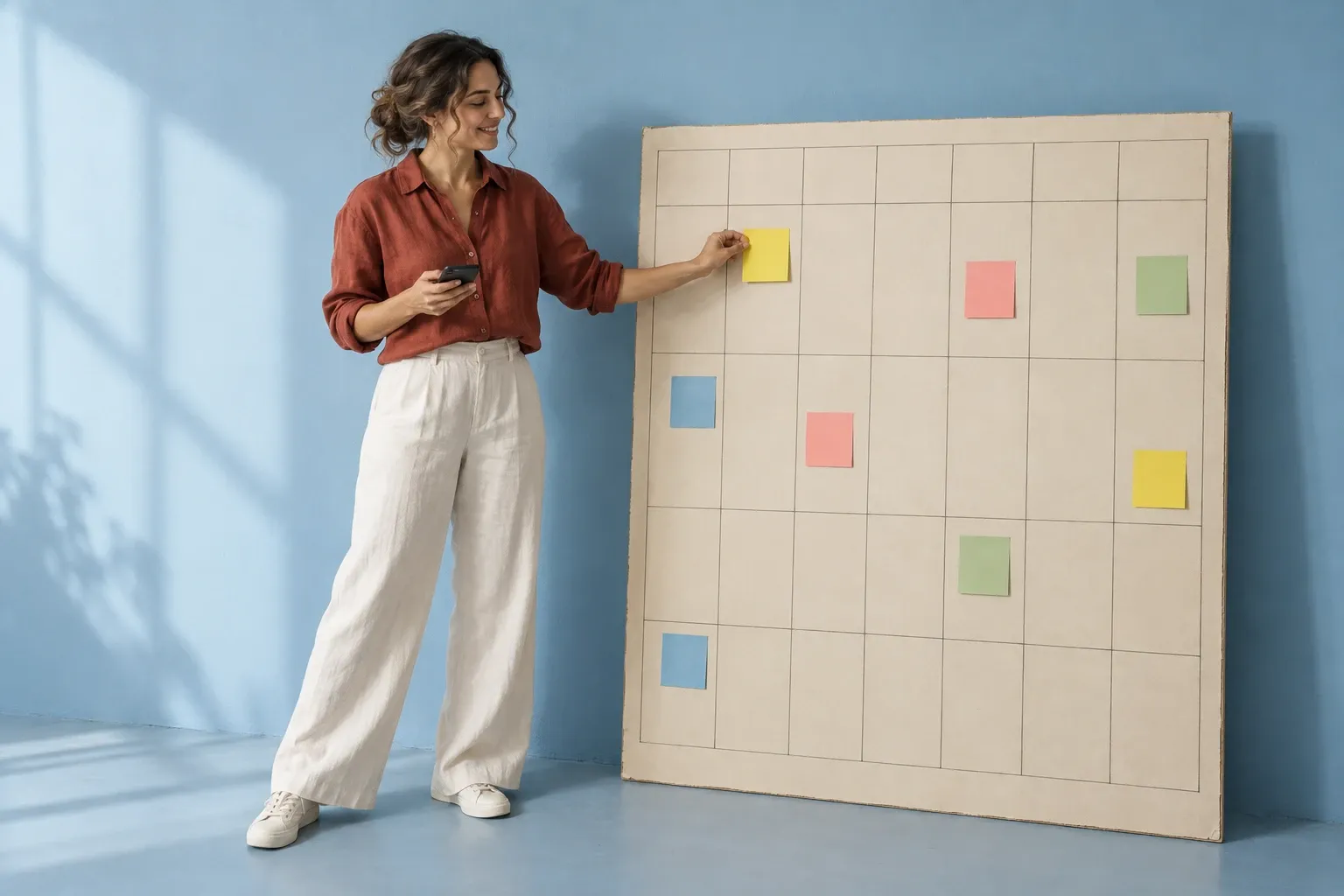 A florist in her early thirties with wavy chestnut hair and a rust-colored shirt sticks a yellow note onto a giant cardboard weekly planner while holding her phone, against a light blue wall.