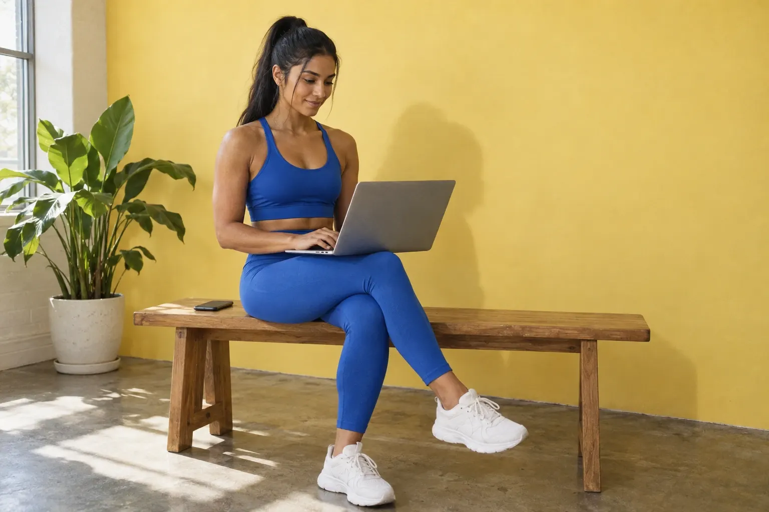 A fitness coach and content creator in her late twenties, with long black hair in a high ponytail and a cobalt blue workout set, types on her laptop while sitting on a wooden bench against a yellow wall, next to a plant.
