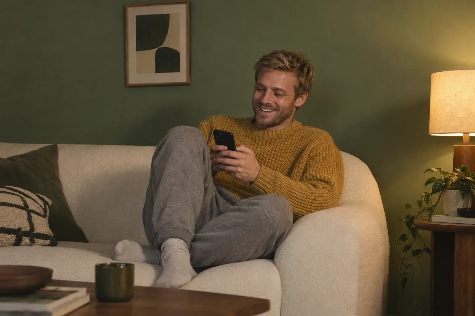 A man in his early thirties with blond hair and a short beard, in a mustard sweater and grey sweatpants, laughs at his phone while lounging on a cream sofa at night, next to a lit lamp and a sage green wall.
