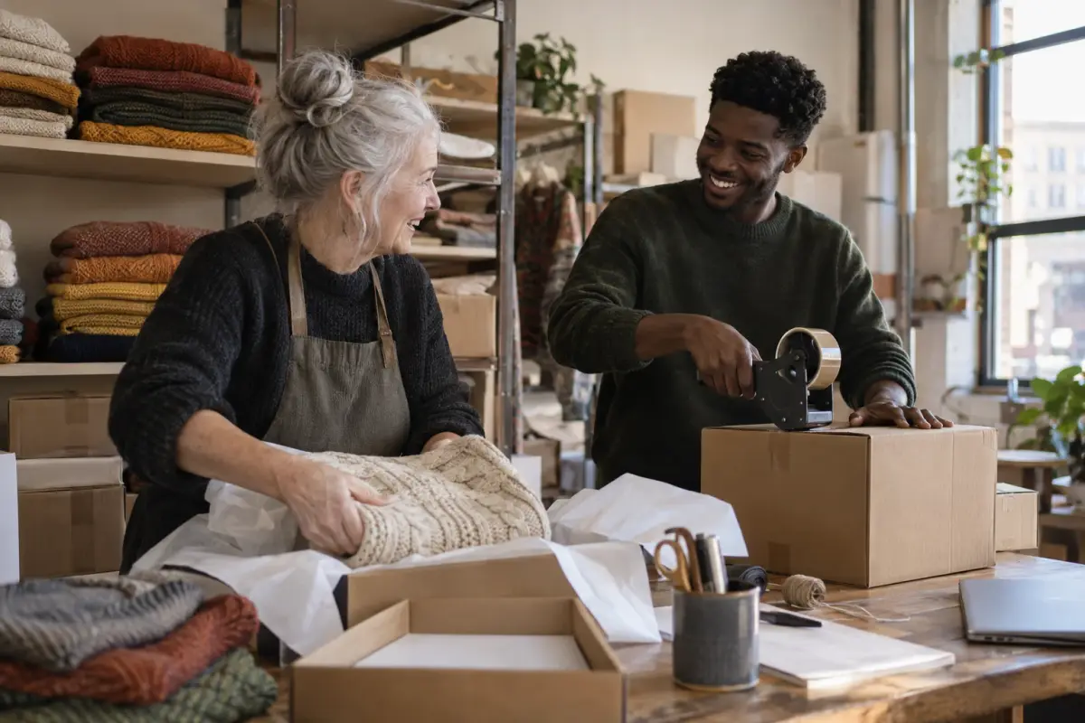 An older woman with gray hair in a bun wraps a knit sweater in tissue paper while a young man tapes a box shut, smiling, in the back room of a knitwear shop
