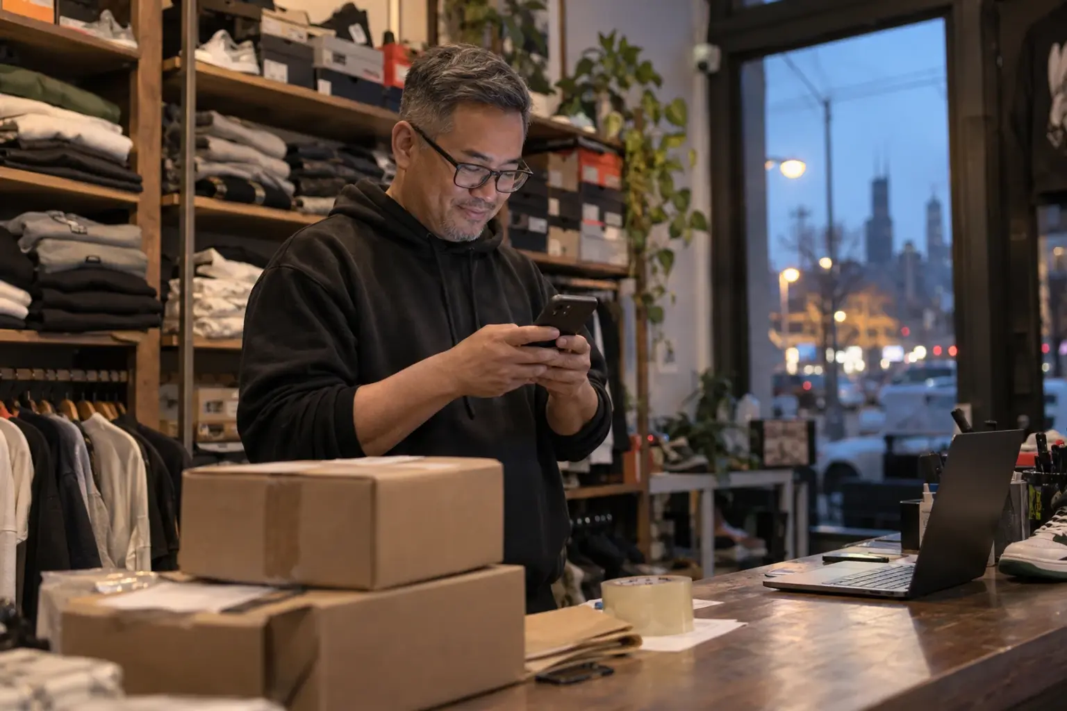 The owner of a streetwear and sneaker shop, with glasses and graying hair, checks his messages on his phone behind the counter at dusk, with shipping boxes next to him