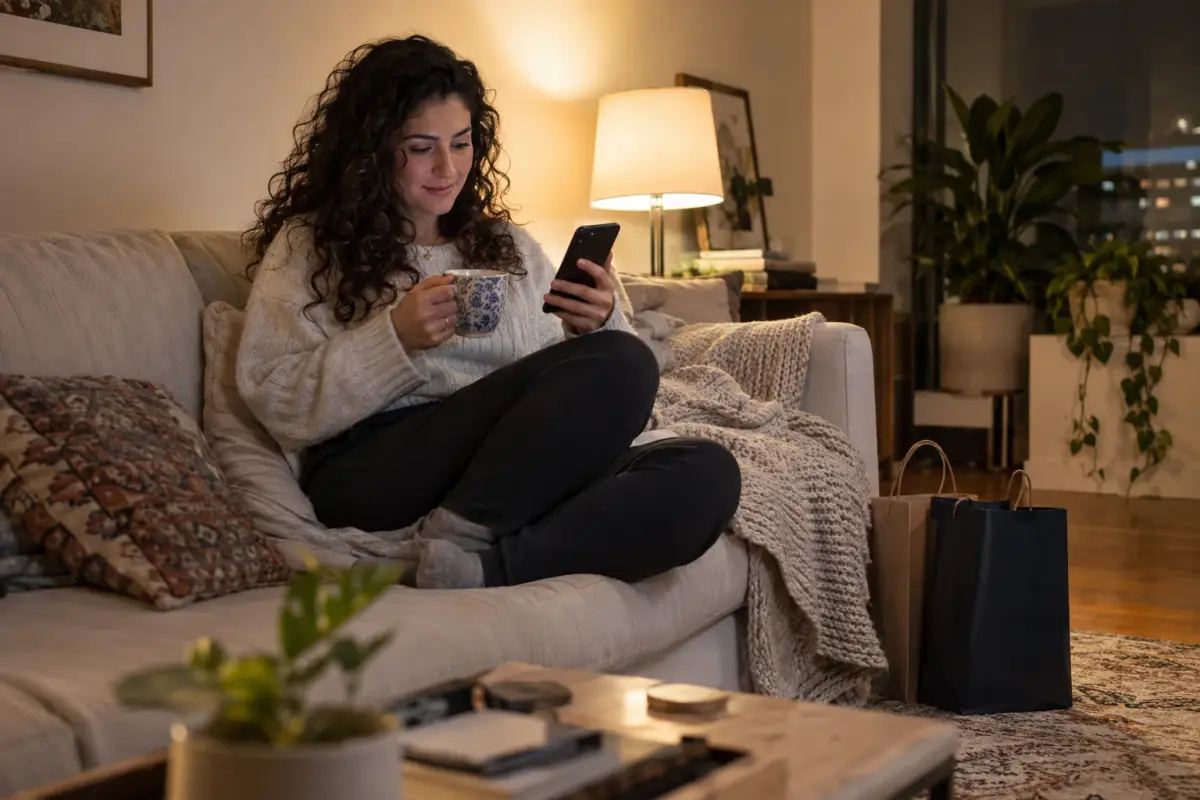 A woman with curly hair, in a sweater and holding a cup of tea, compares deals on her phone on the couch at night, with shopping bags next to her
