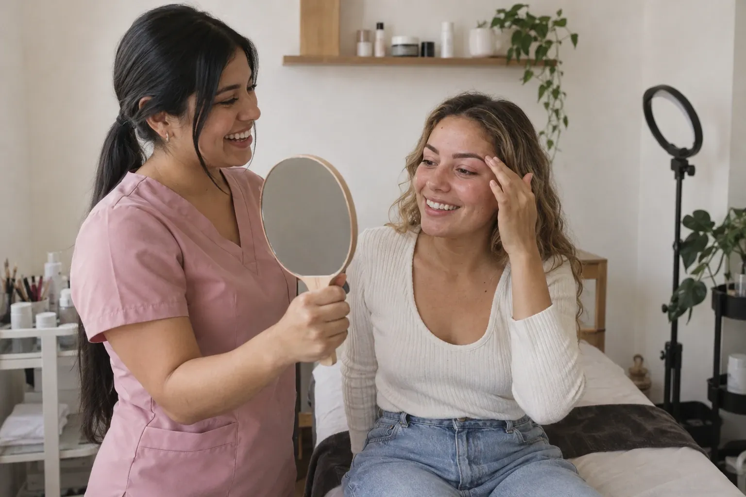 Une spécialiste des sourcils et des cils péruvienne d’environ vingt-huit ans, cheveux noirs lisses attachés et blouse rose, rit en tendant un miroir à sa cliente aux cheveux blonds ondulés, qui sourit en touchant ses sourcils fraîchement restructurés, dans un studio blanc et lumineux à Lima.
