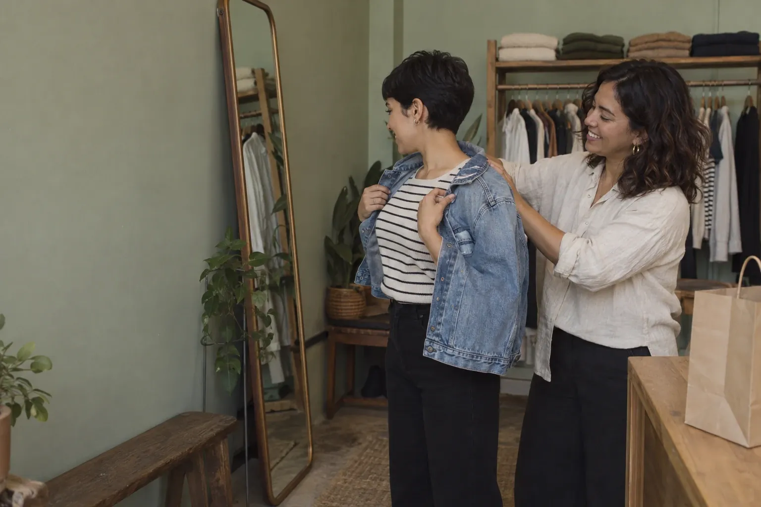 Une gérante de boutique de vêtements mexicaine d’une trentaine d’années, cheveux ondulés et chemise en lin crème, rit en aidant une jeune cliente aux cheveux courts à essayer une veste en jean devant un miroir, dans sa petite boutique aux murs vert sauge.