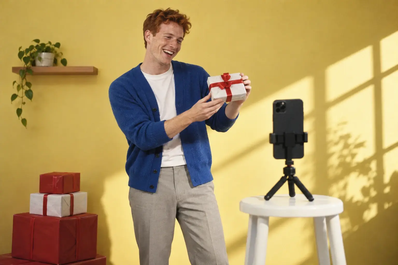 A young red-haired content creator in a blue cardigan films his gift guide with his phone on a tripod while holding up a wrapped box, in front of a yellow wall