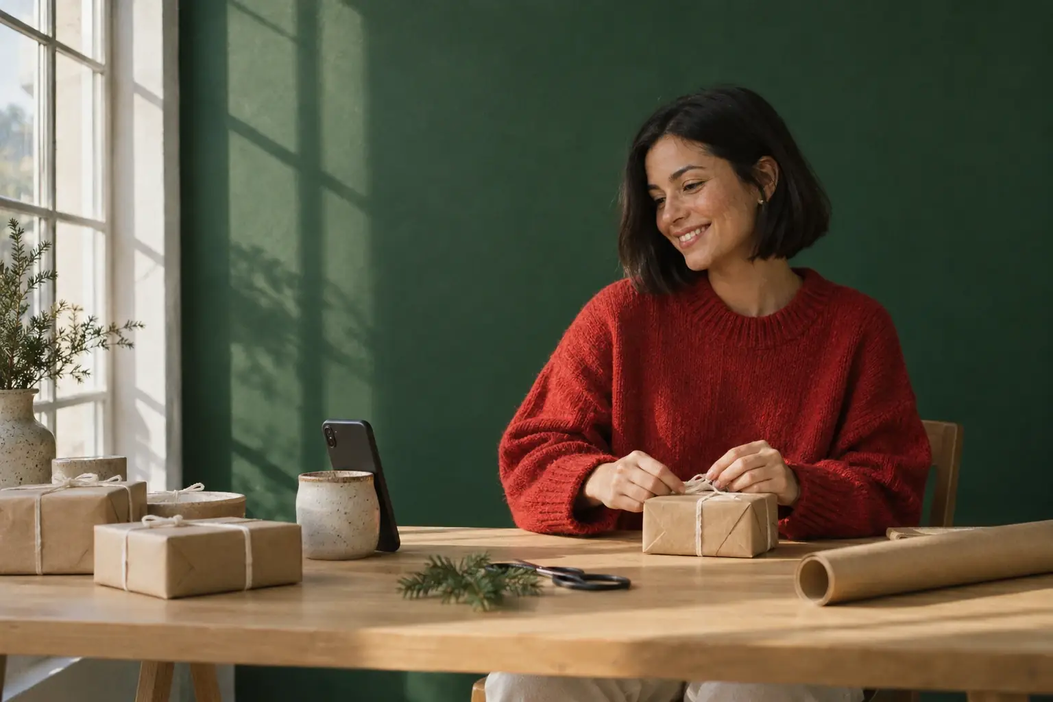 A young owner of a candle and ceramics shop, with a short black bob and a red sweater, wraps a gift in kraft paper in front of a green wall while looking at her phone.