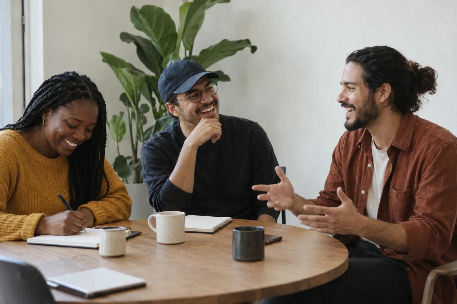 Un coach de marca personal venezolano-estadounidense de unos treinta años, de pelo largo recogido en un moño, barba corta y camisa color óxido, se ríe mientras explica algo a dos clientes en una mesa redonda de un coworking luminoso en Miami: una joven de trenzas largas y suéter mostaza que toma notas y un joven de gorra azul y lentes redondos.