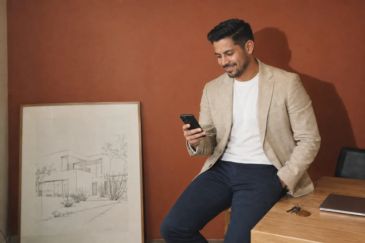 A Mexican American real estate agent in his early thirties, in a beige blazer and white t-shirt, smiles as he reads his phone, sitting on the edge of a desk in front of a terracotta wall with a framed sketch of a modern house leaning against it.