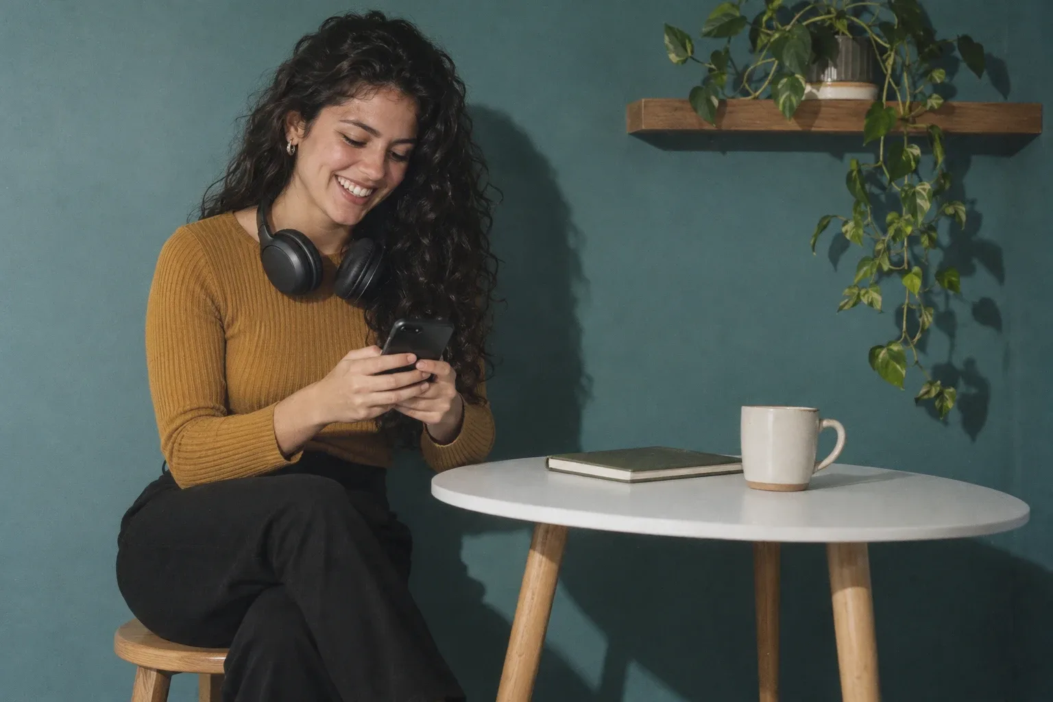 A Venezuelan online English teacher in her late twenties, with dark curly hair and green eyes, headphones around her neck and a mustard sweater, laughs as she types on her phone in front of a muted teal wall with a shelf and a trailing plant.