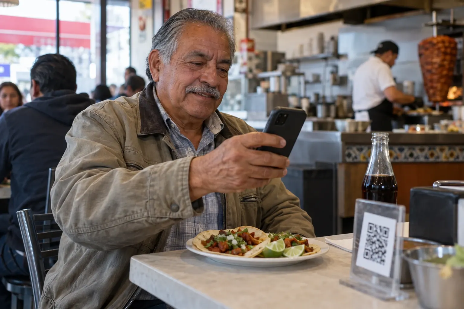 An older man with a gray mustache looks at his phone in a taqueria, next to a plate of al pastor tacos and a small QR code stand on the table