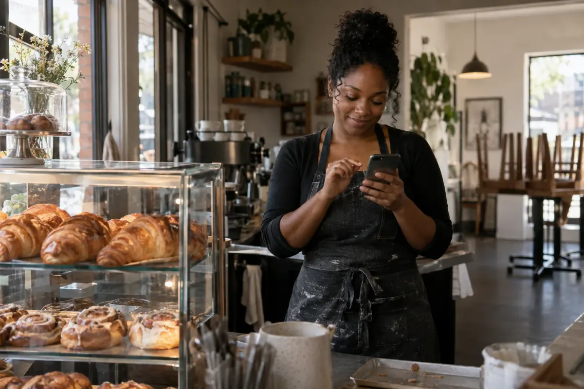 The owner of a small bakery and cafe, wearing an apron, smiles as she taps her phone behind the croissant case before opening