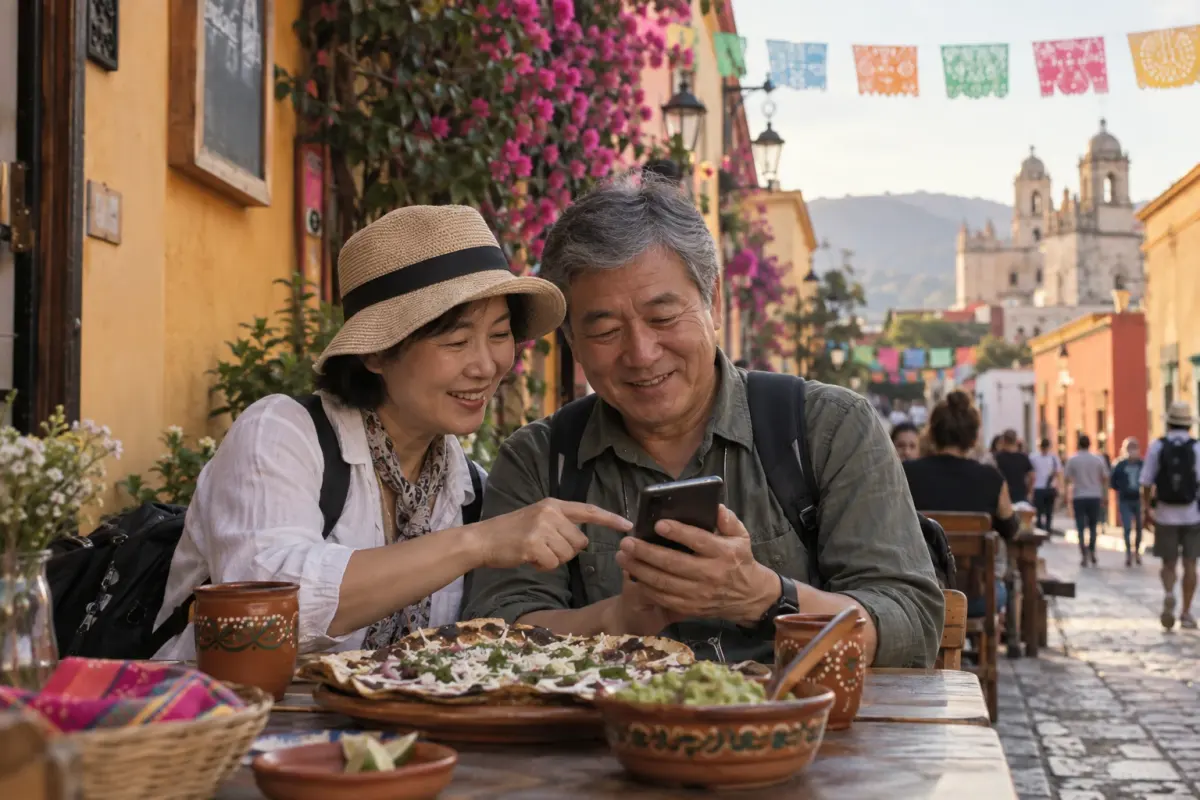 An older tourist couple looks at the menu on a phone at an outdoor table of a restaurant in Oaxaca, with papel picado and bougainvillea in the background