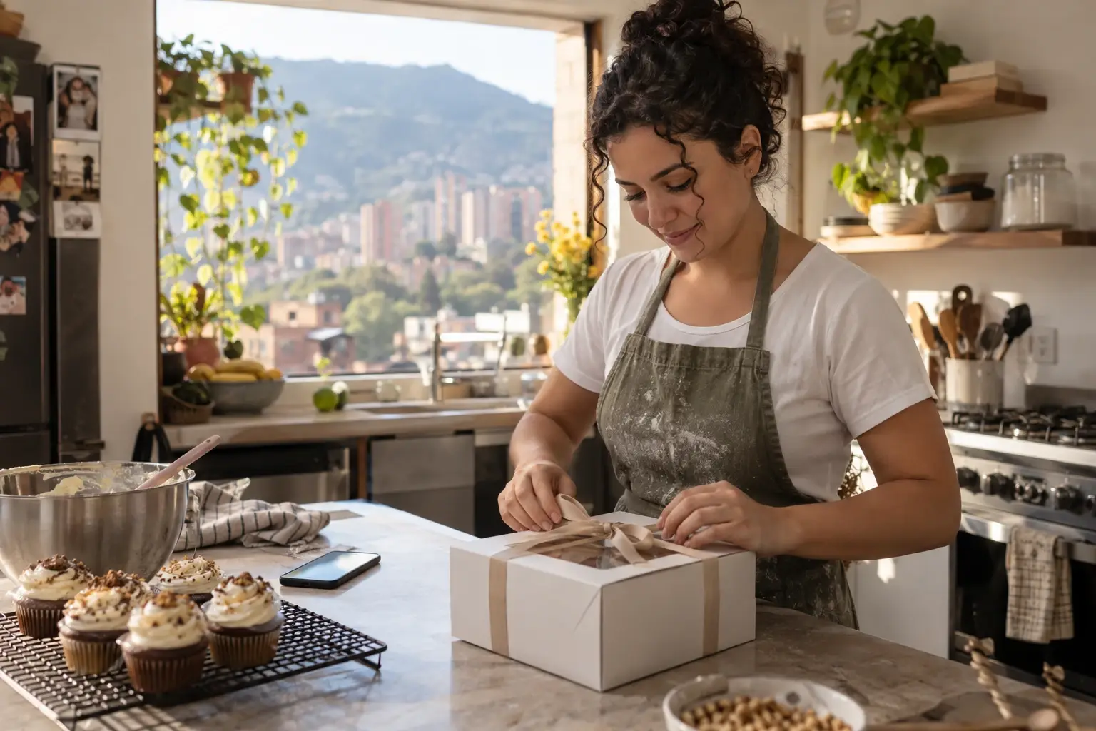 A Colombian home baker in her thirties ties a ribbon on a cake box in her kitchen in Medellín; her phone lies face down next to some cupcakes