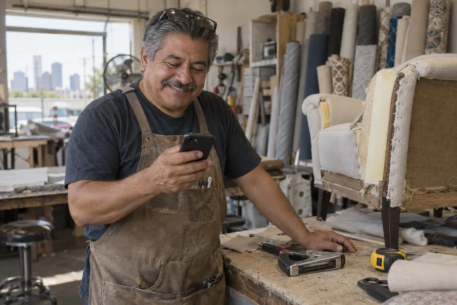 An upholsterer in his fifties, with a salt-and-pepper mustache and glasses pushed up on his head, smiles at his phone at the workbench of his shop, next to a half-finished armchair and rolls of fabric