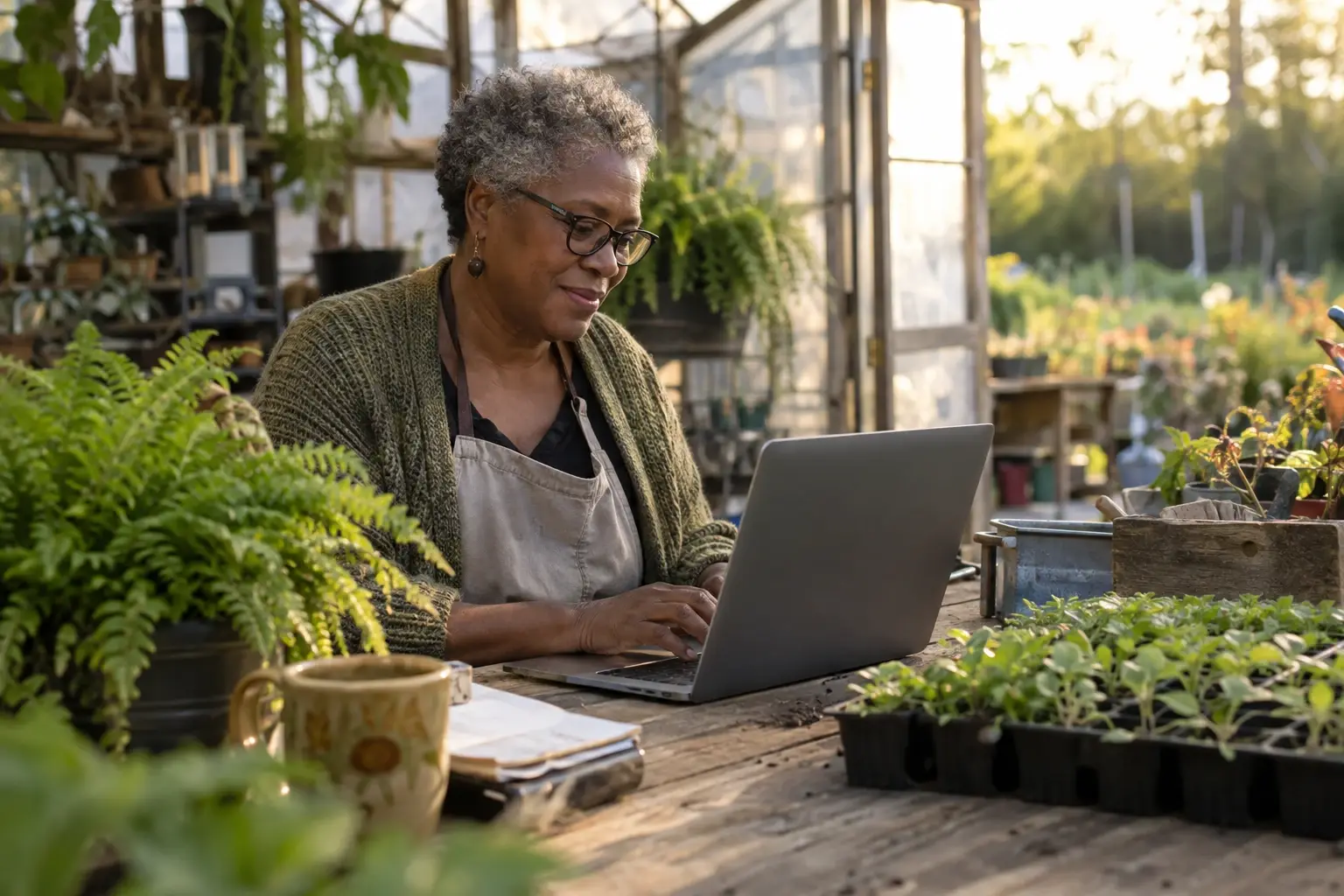 A Black woman in her sixties, with short gray hair and glasses, types on her laptop at the wooden counter of her plant nursery, surrounded by ferns and seedling trays, in golden afternoon light