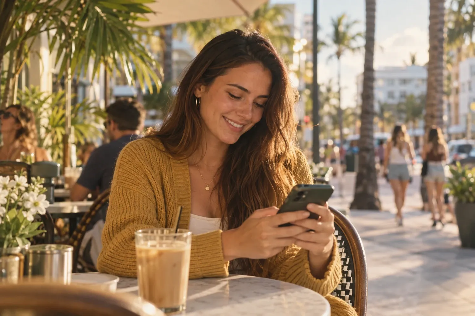 Una joven de unos veintinueve años sonríe mientras elige algo para comprar en su celular, en la terraza de un café de Miami