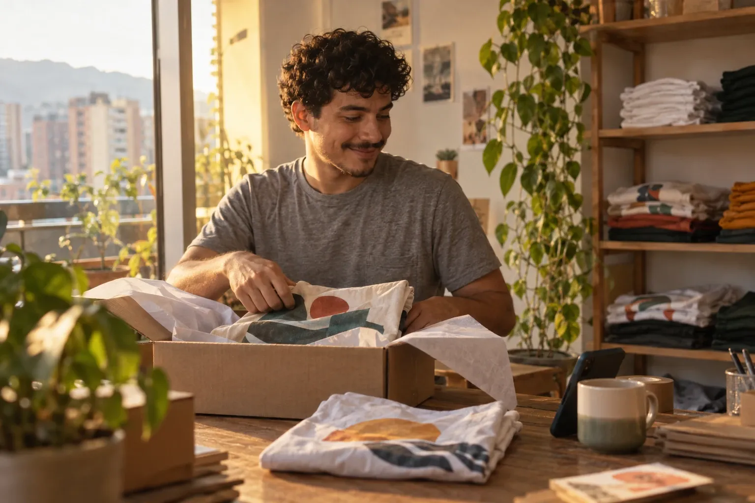 Un emprendedor de unos treinta años empaca un pedido de camisetas en una caja de cartón, con el celular apoyado en una taza, en su departamento de Medellín