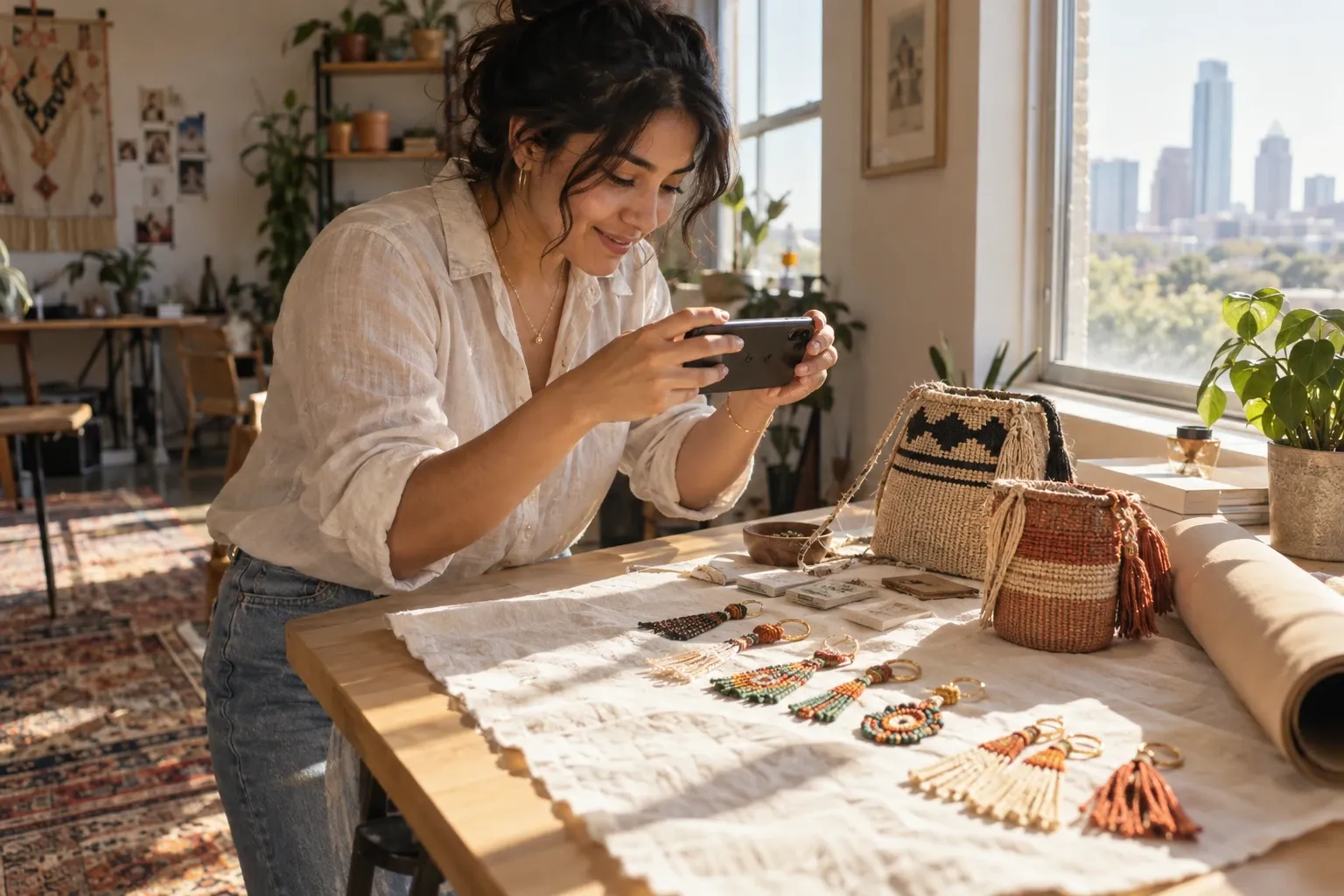 Una emprendedora latina de unos veintisiete años fotografía con el celular sus aretes tejidos y sus bolsos de palma sobre una mesa de madera, junto a la ventana de su taller