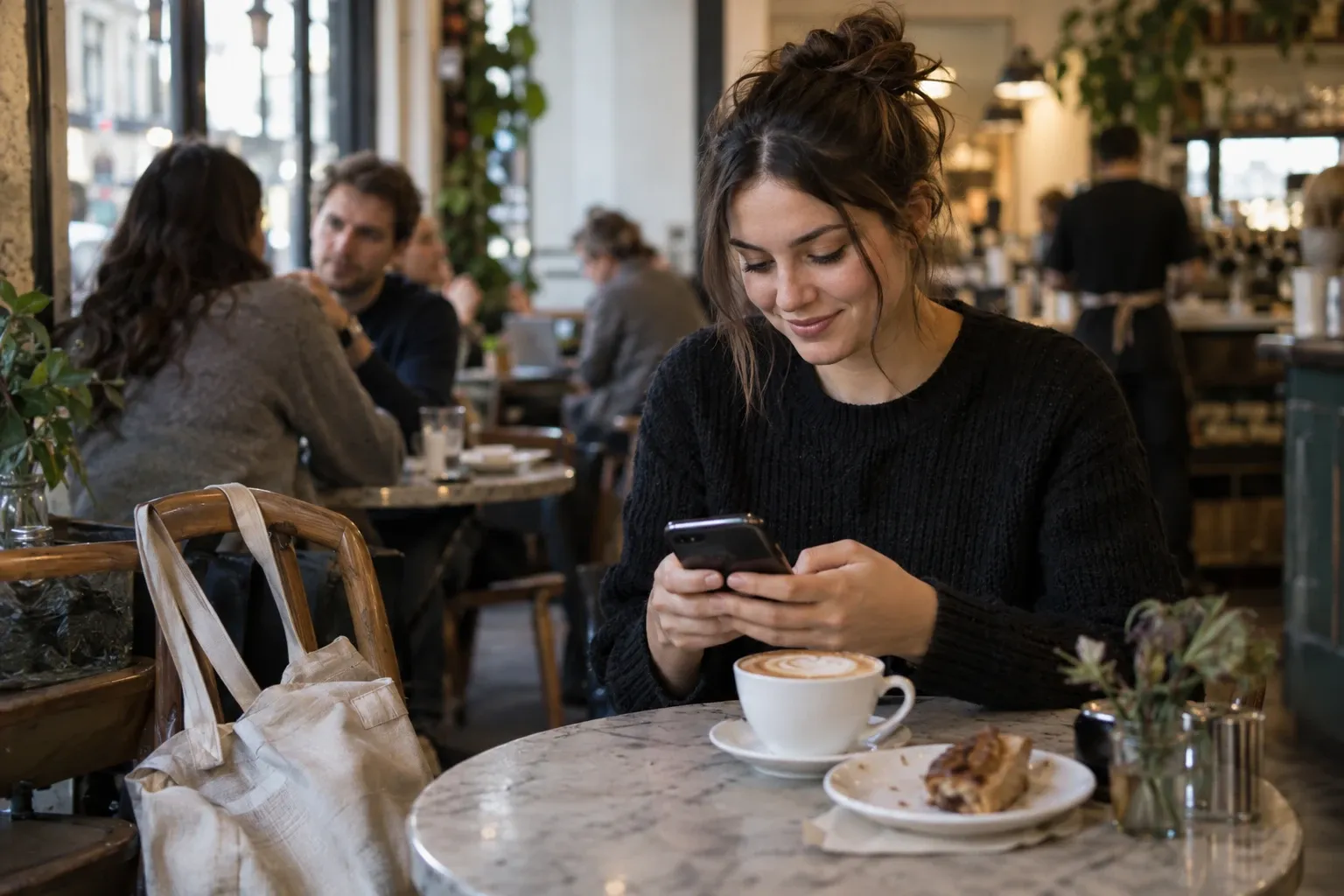 A customer types a comment on her phone at a cafe