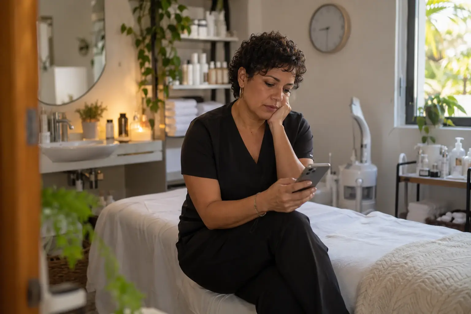 La propriétaire d’un institut de soins du visage attend assise sur une table de soin vide en regardant son téléphone, une horloge au mur derrière elle