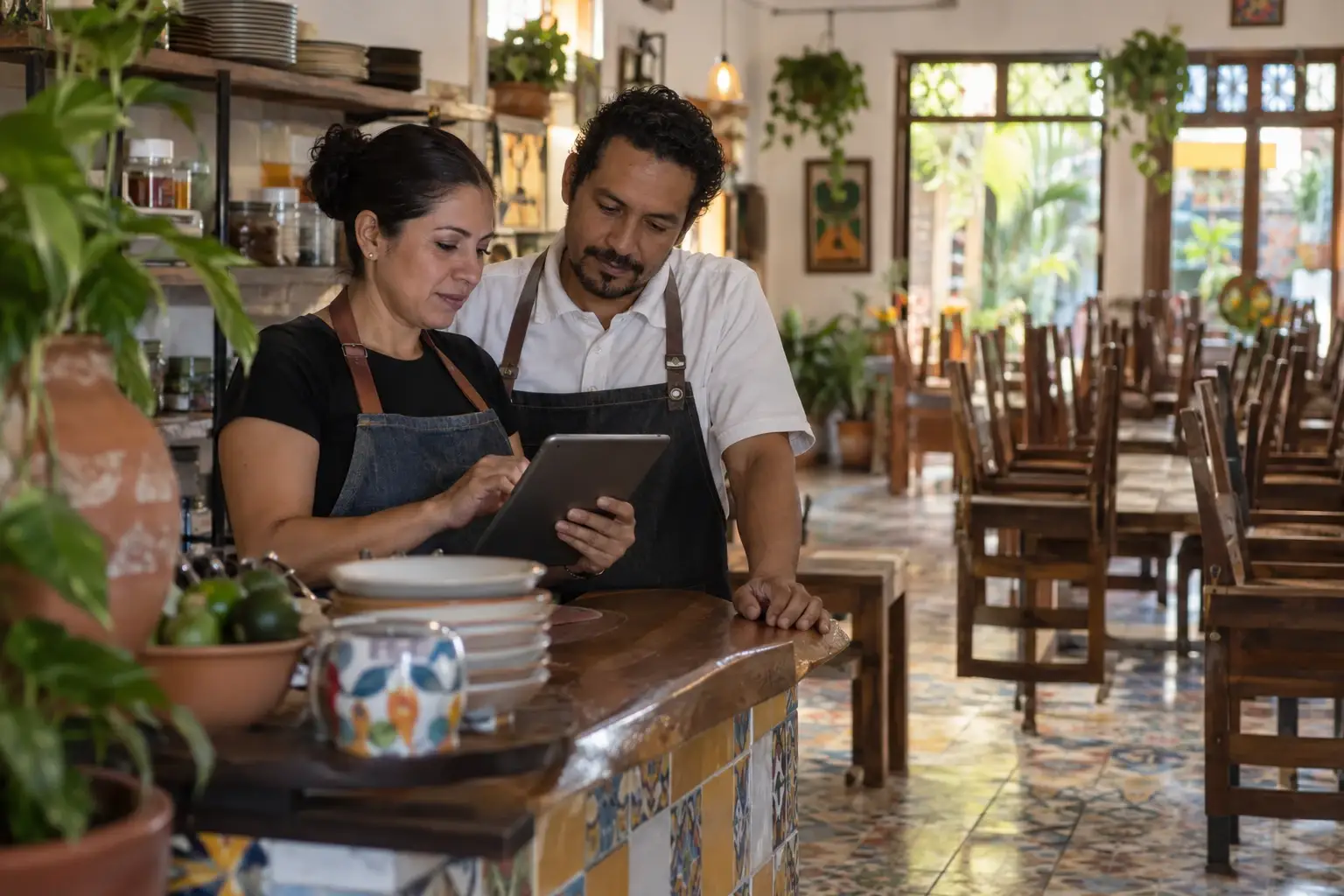 Un couple propriétaire d’un restaurant vérifie les réservations du soir sur une tablette avant l’ouverture