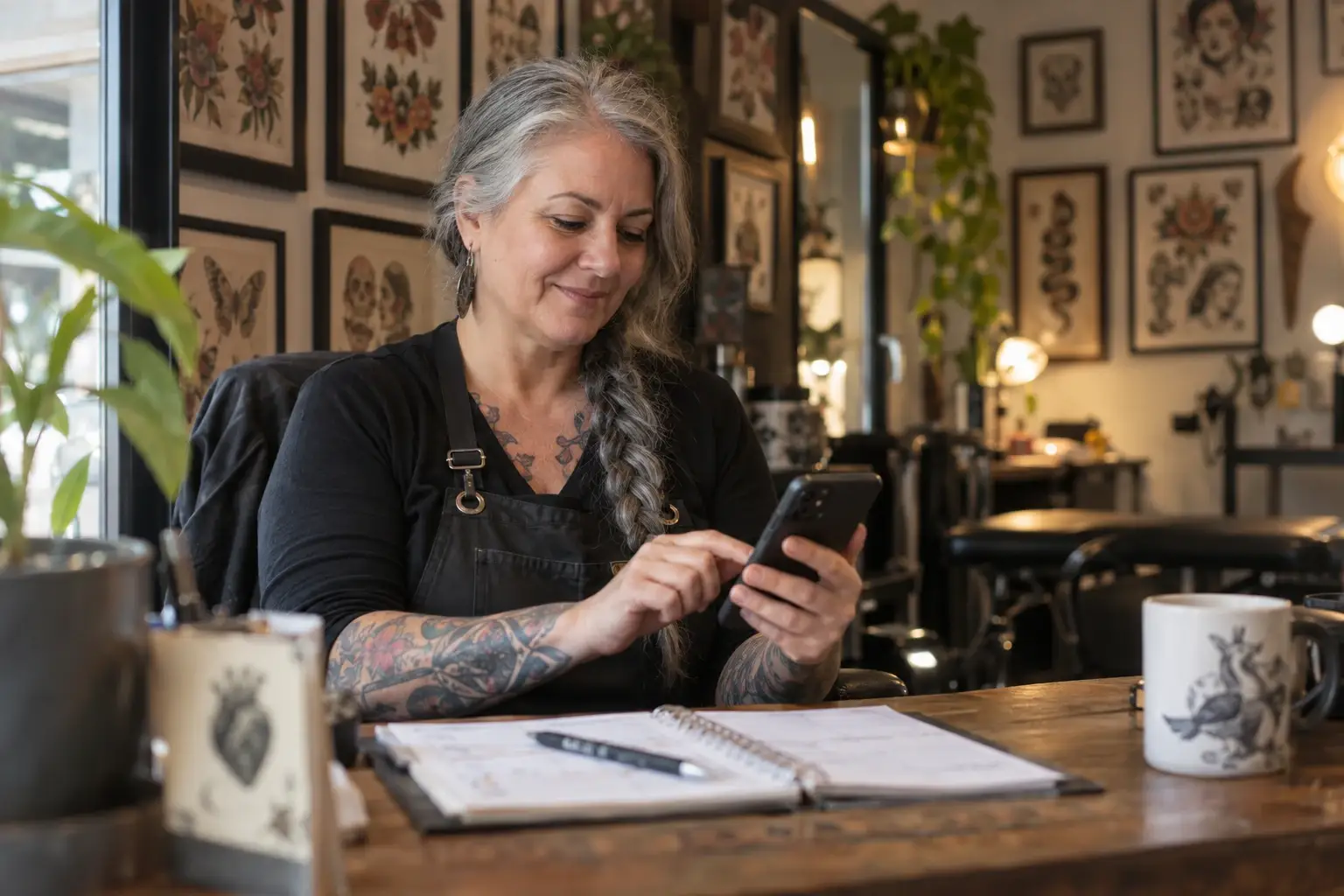 Une tatoueuse aux cheveux gris confirme un rendez-vous sur son téléphone à l’accueil de son studio, avec un agenda papier ouvert