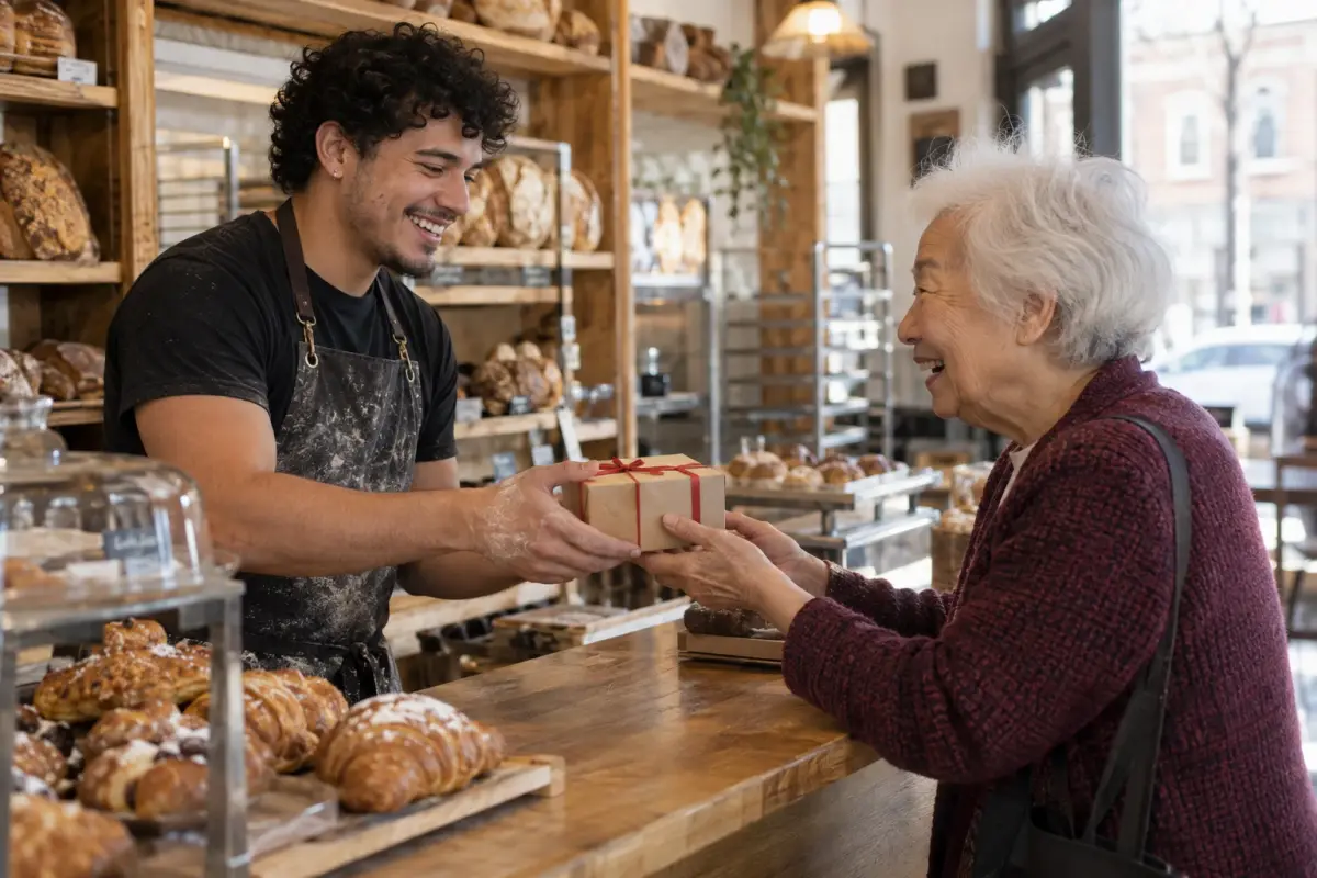 Une dame âgée aux cheveux blancs sourit en recevant, par-dessus le comptoir, un coffret cadeau avec un ruban rouge que lui tend le jeune patron d’une boulangerie, le tablier couvert de farine