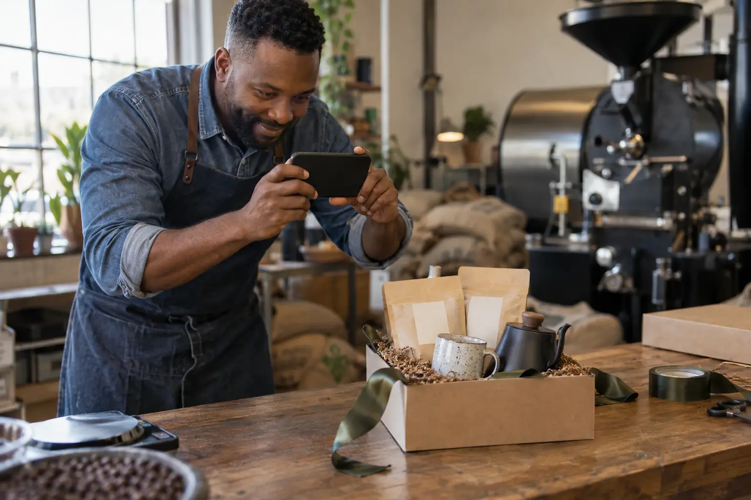 Le patron d’une petite brûlerie de café, en tablier de jean, photographie avec son téléphone un coffret cadeau avec des sachets de café, une tasse et une bouilloire sur le comptoir