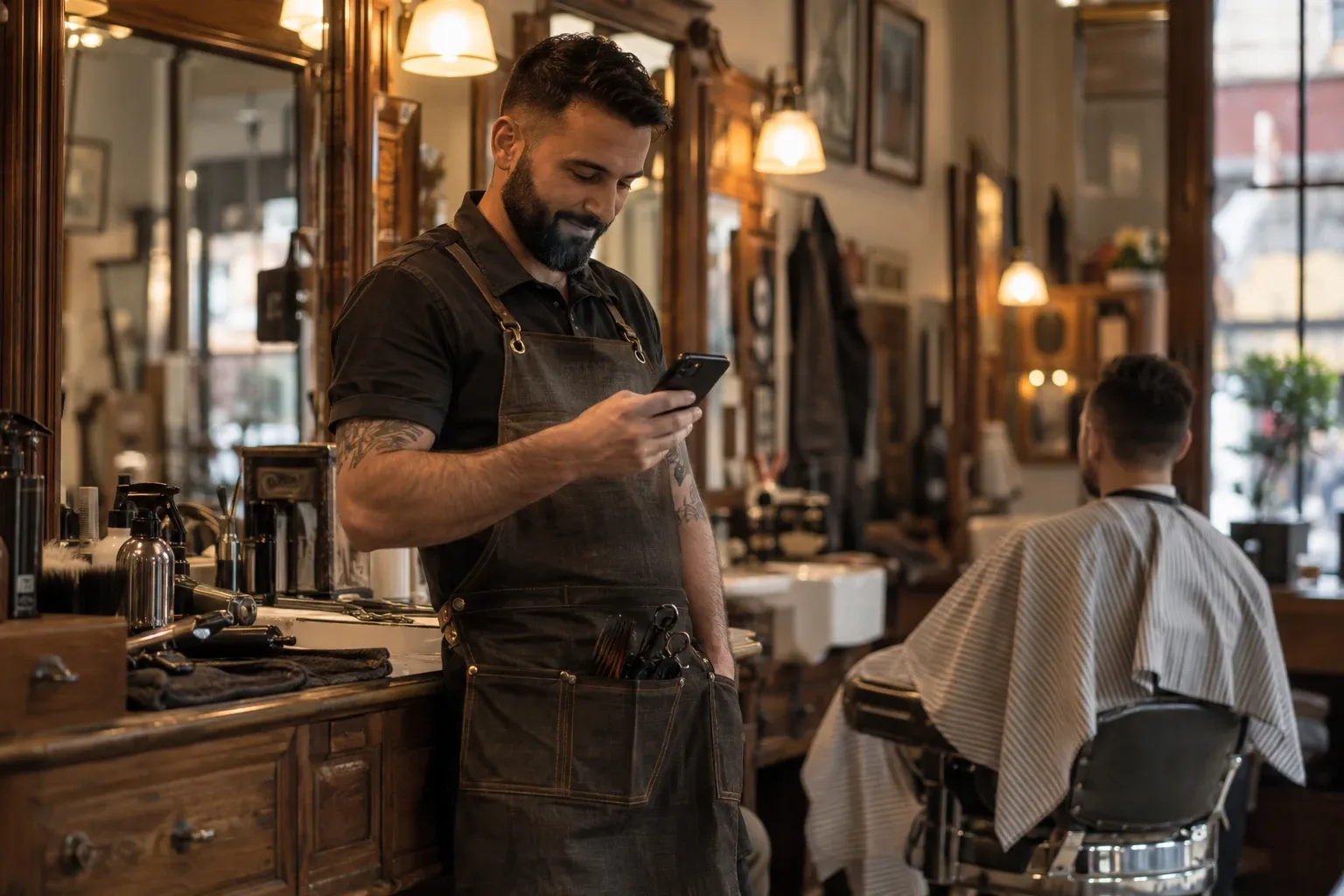 A barber checks his phone between haircuts