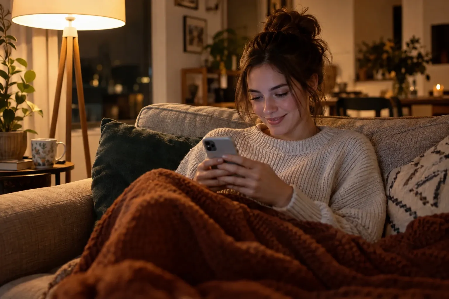 A client books from her sofa at night on her phone
