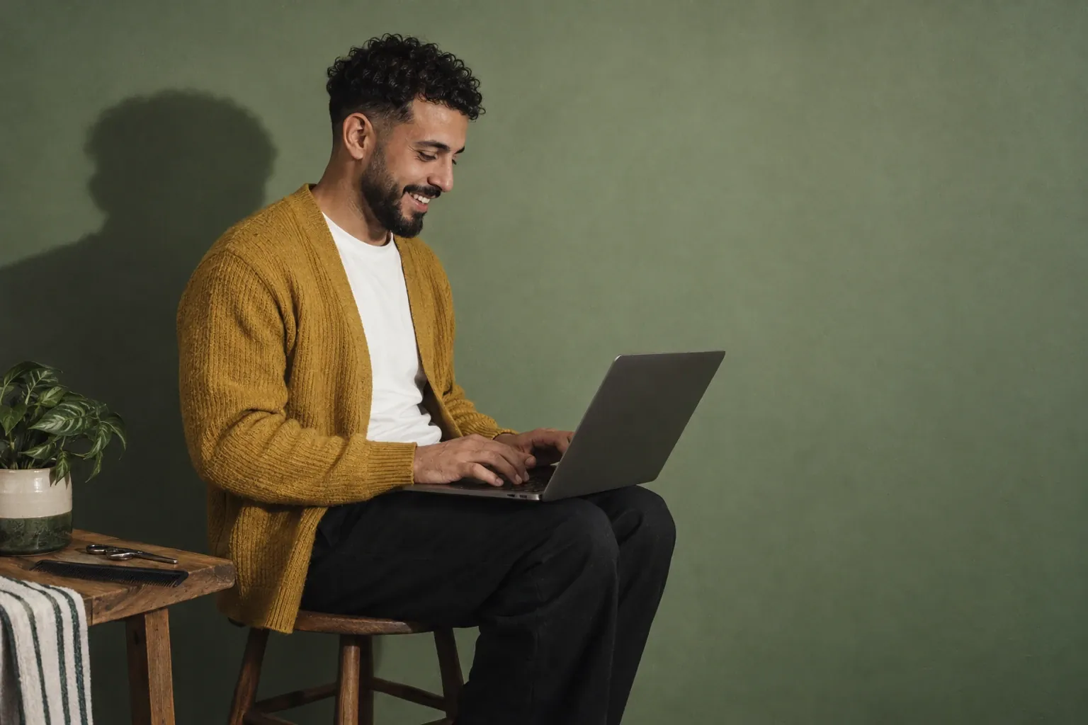 A French barber in his early thirties of Algerian descent, with curly black hair and a short beard, a mustard cardigan and a white t-shirt, smiles while typing on his laptop, sitting on a stool in front of a sage green wall.