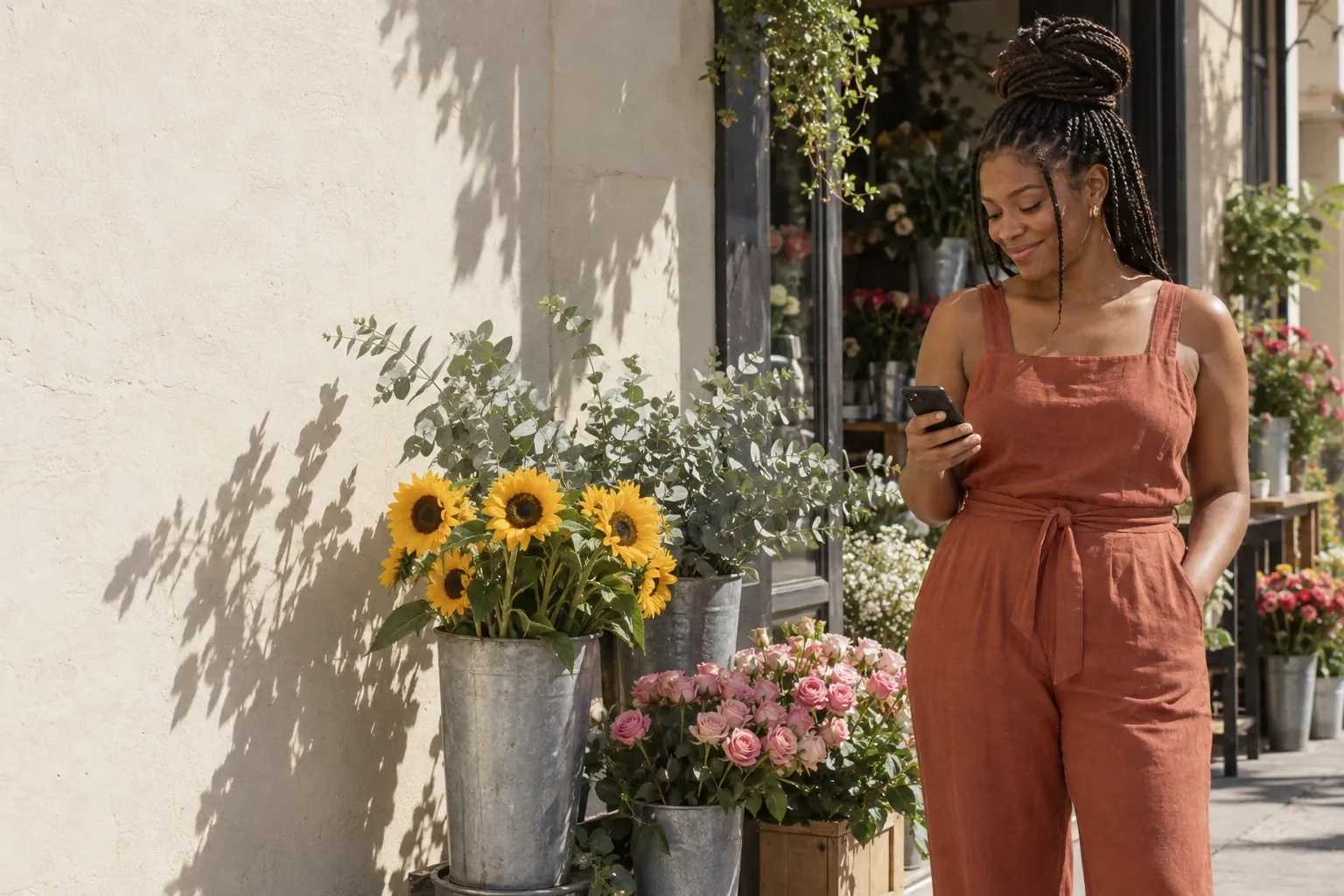 A Brazilian florist in her late twenties, with box braids in a high bun and a terracotta linen jumpsuit, smiles at her phone on the sunny street outside her flower shop, next to buckets of sunflowers and roses.