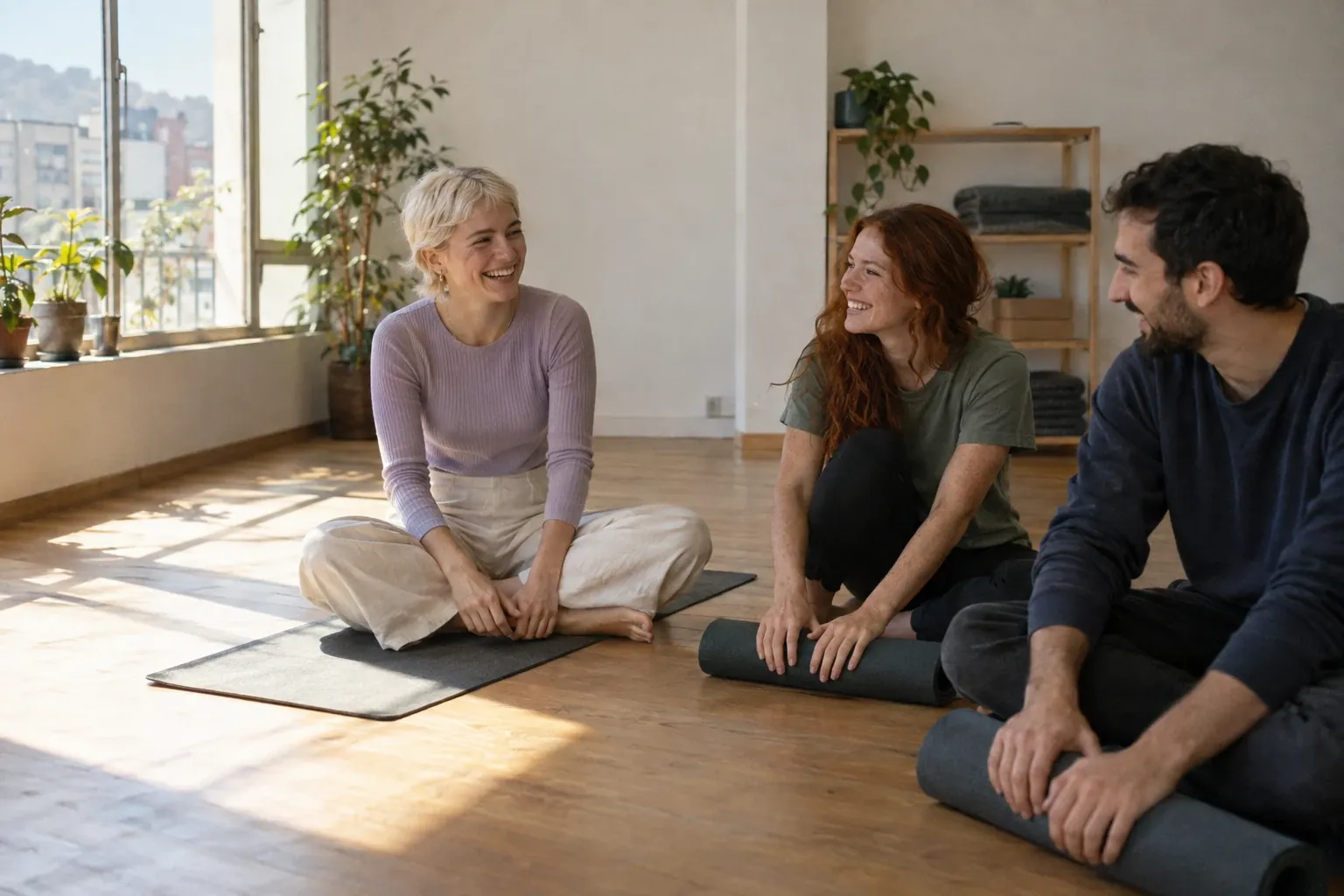 A Chilean yoga instructor in her late twenties, with short platinum hair and a lilac top, laughs sitting on her mat with two students rolling up theirs after class, in a bright studio with wooden floors.