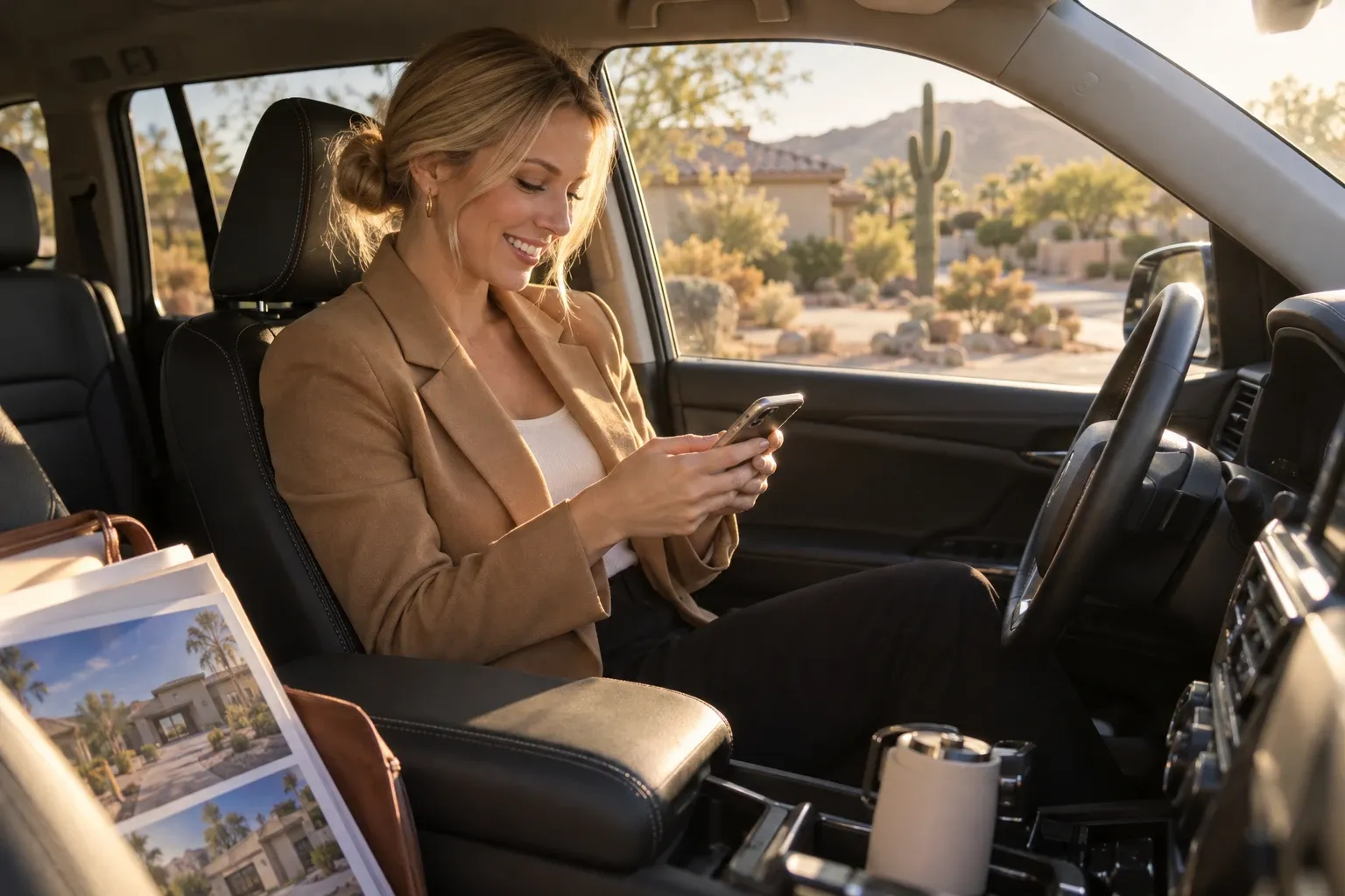 An American real estate agent in her early thirties, with blonde hair in a low bun and a camel blazer, smiles as she types on her phone in her parked car, with house flyers on the passenger seat and a sunny Phoenix street outside.