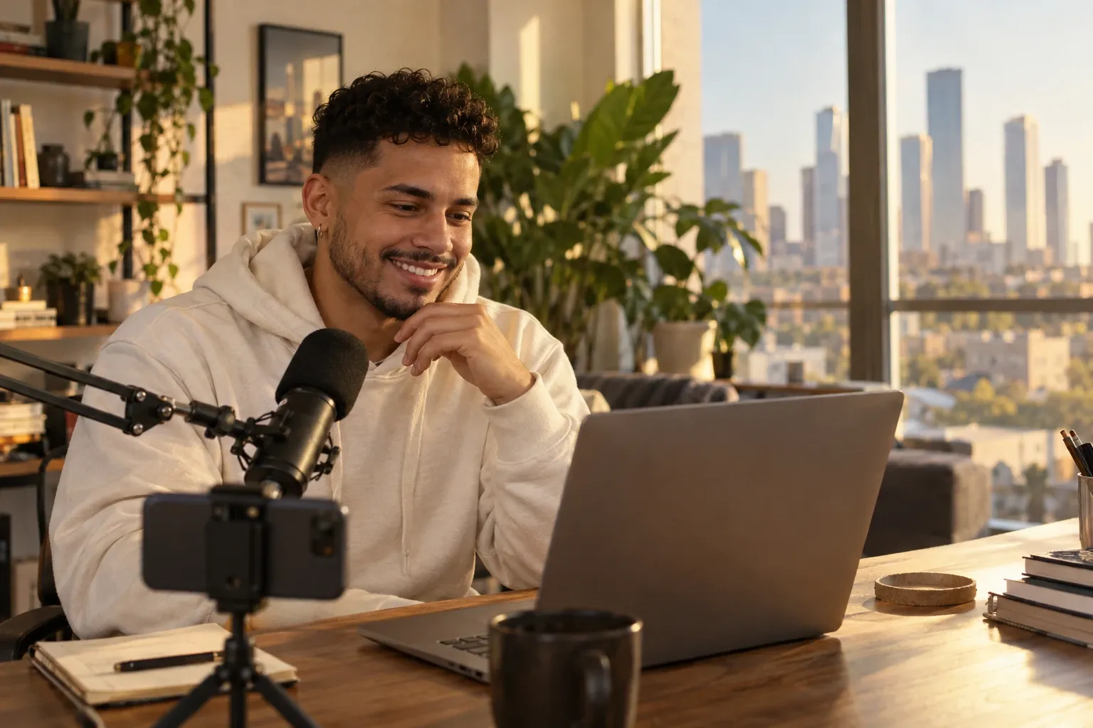 A Latino content creator in his late twenties, with curly hair and a light hoodie, smiles as he reads his laptop at the desk of his Houston apartment, with his phone on a tripod and a podcast microphone beside him.