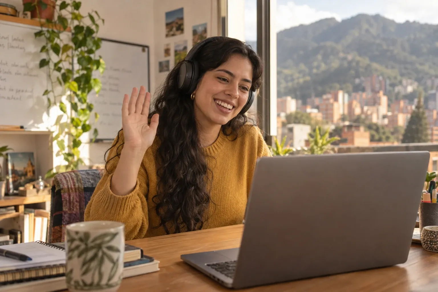A Colombian English teacher in her late twenties, with long wavy hair and a mustard sweater, smiles and waves at her laptop with headphones on while teaching an online class from her apartment in Bogota.