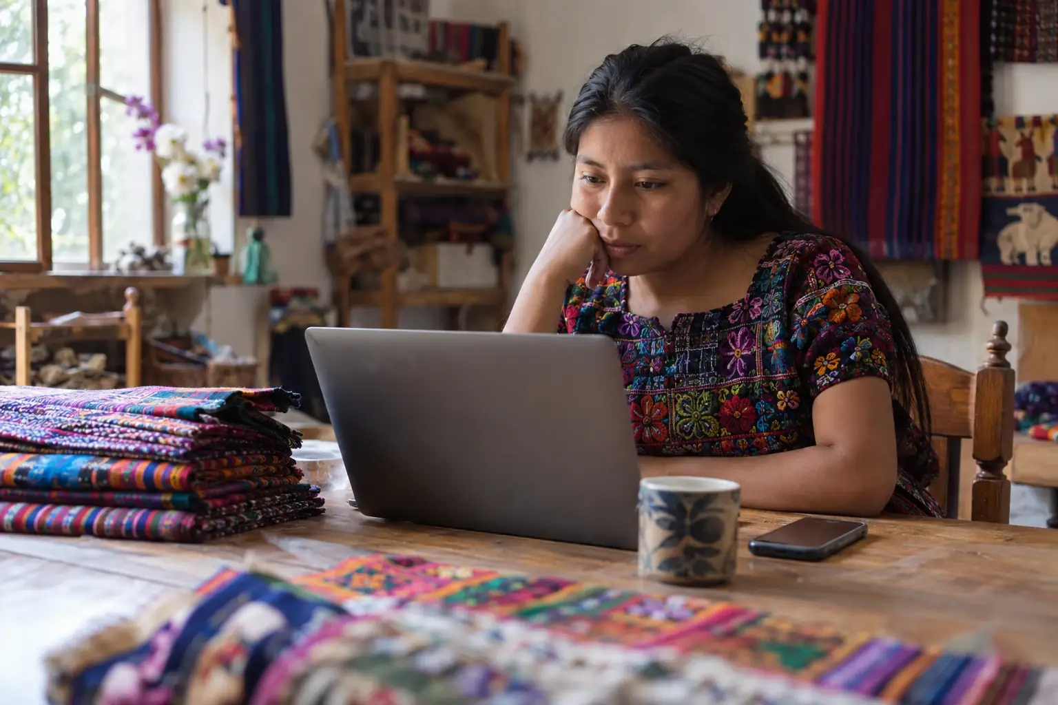 A Guatemalan textile artisan reads carefully on her laptop, with folded handwoven fabrics on the table