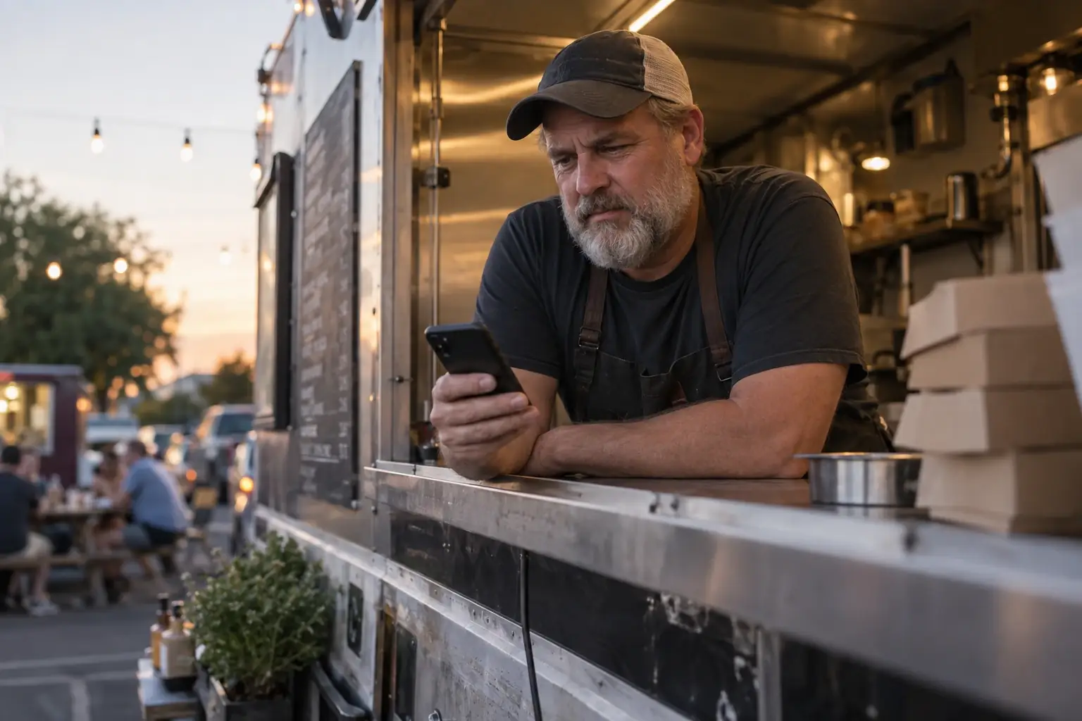 The owner of a food truck checks the comments on his phone, leaning on his truck's service window at sunset