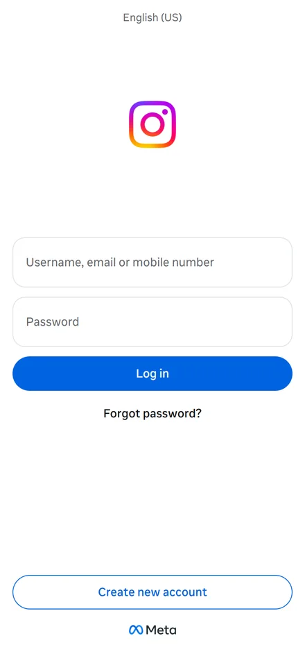 Real screenshot of Instagram's login page in English, with the username and password fields and the Log in button