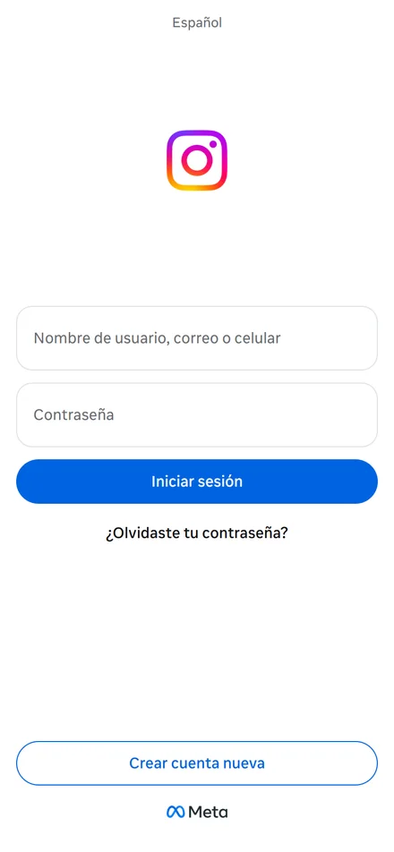 Captura real de la página de inicio de sesión de Instagram en español, con los campos de usuario y contraseña y el botón Iniciar sesión