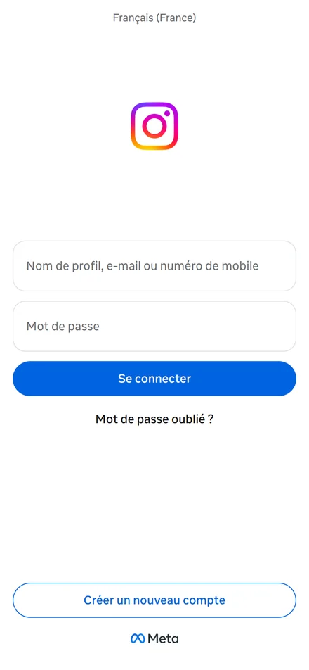 Capture réelle de la page de connexion d’Instagram en français, avec les champs du nom de profil et du mot de passe et le bouton Se connecter