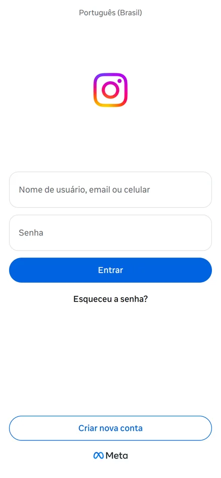 Captura real da página de login do Instagram em português, com os campos de usuário e senha e o botão Entrar