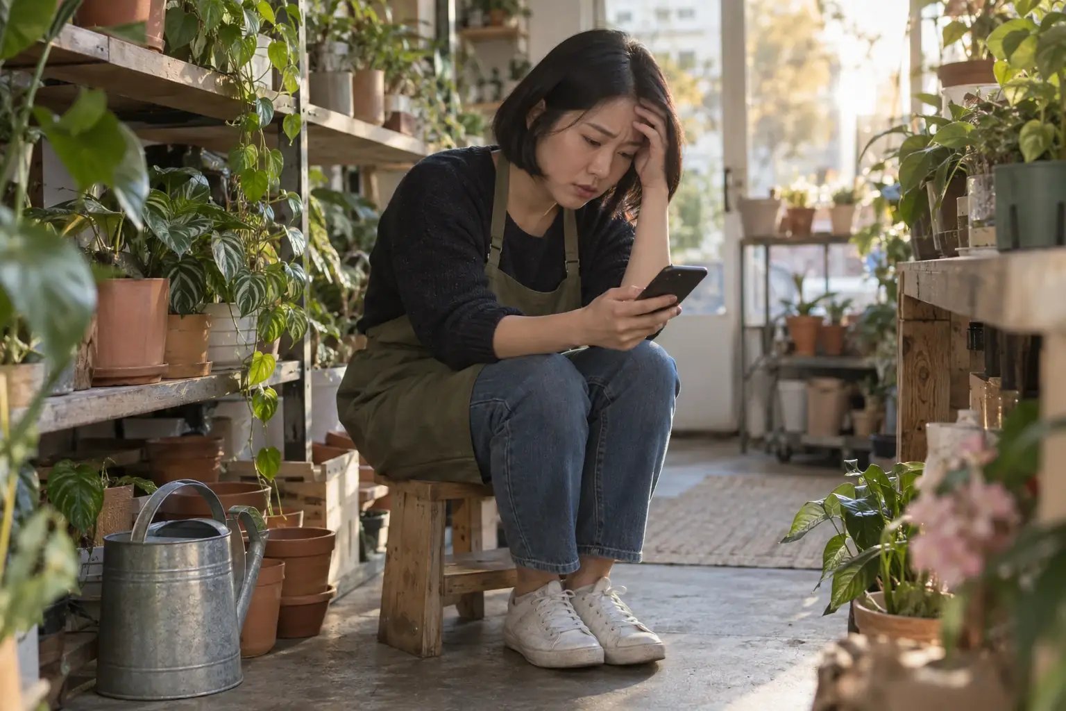 The owner of a plant shop looks at her phone with a worried face, sitting on a small stool between shelves of potted plants