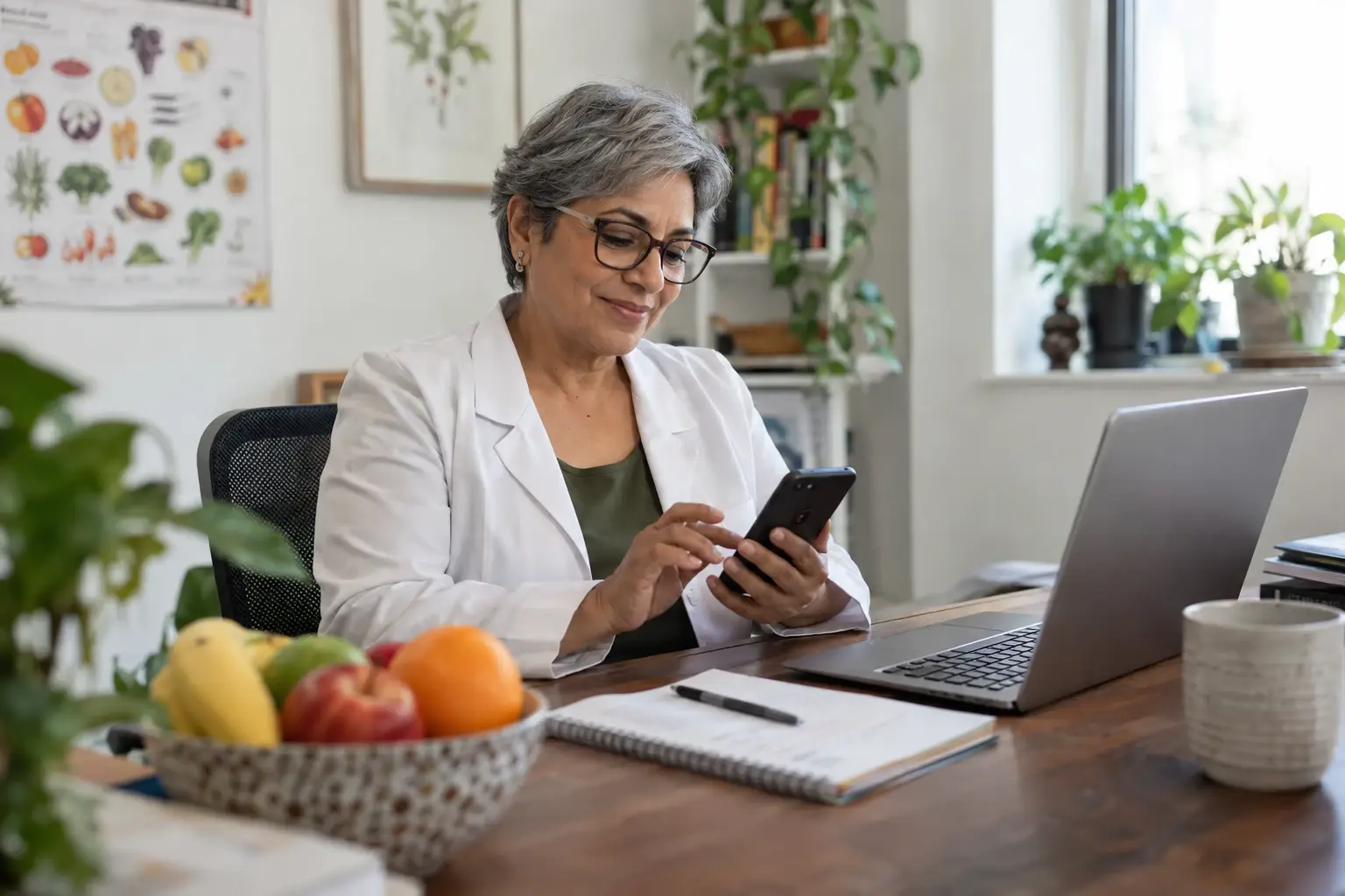 A nutritionist with short gray hair answers a message on her phone, sitting in her office next to a laptop and a fruit bowl