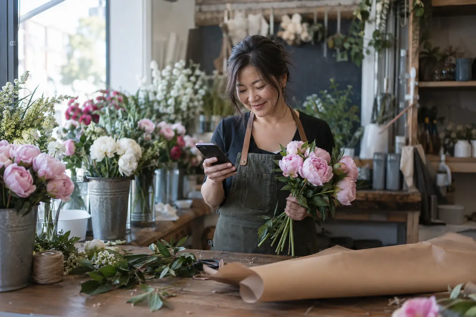 A flower shop owner smiles as she reads a message on her phone behind the counter, holding a half-made bouquet of peonies in her other hand