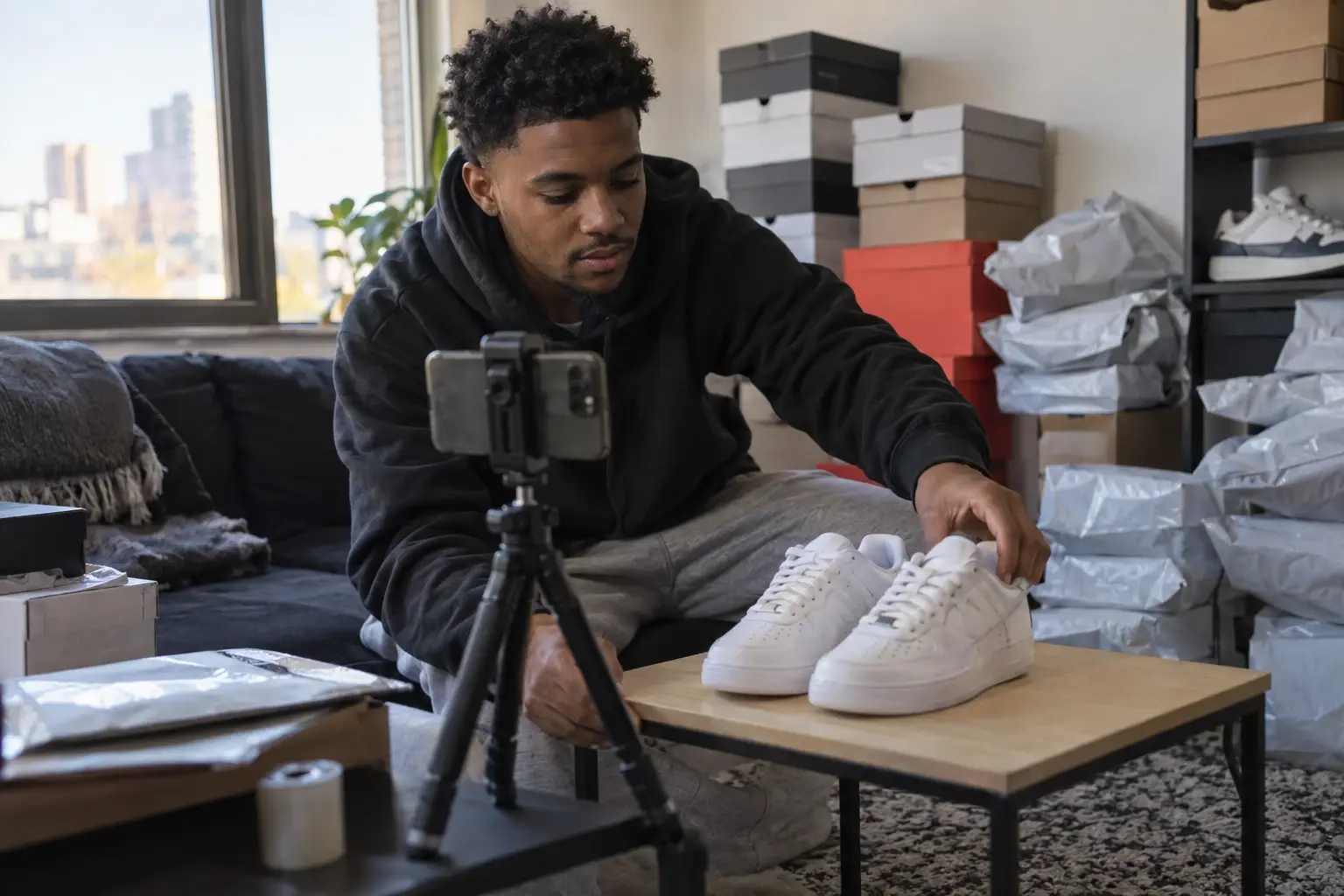 A young man who sells sneakers online photographs a pair of white sneakers with his phone on a tripod, with shipping boxes and bags behind him